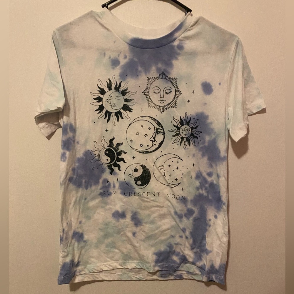 blue and white tye dye short sleeve tee shirt with sun crescent moon